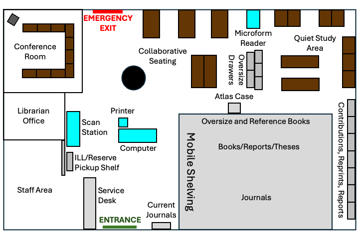 Floor plan of the library showing mobile shelving to the right of entrance, service desk to the immediate left of entrance, and collaborative and quiet study seating.